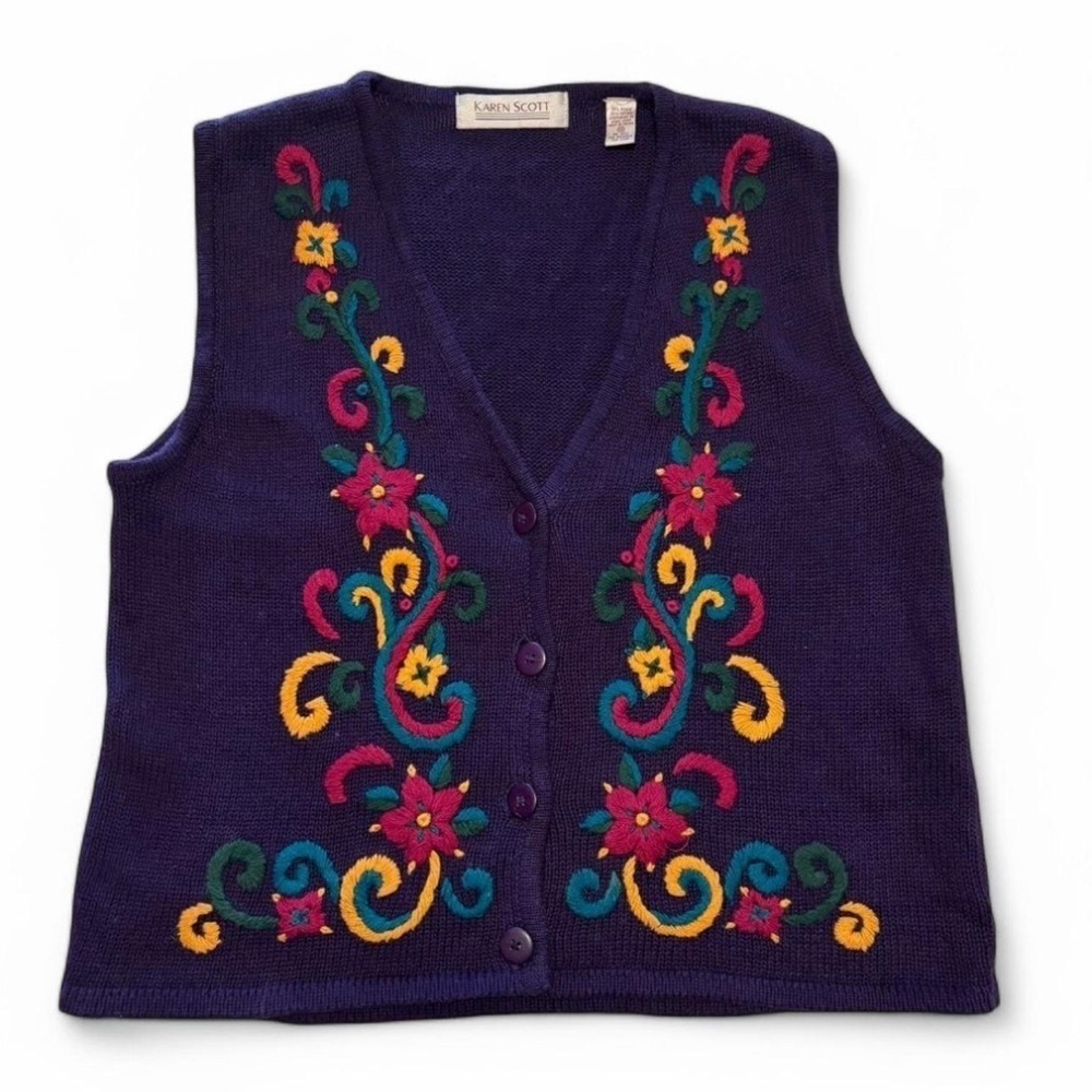 VTG Karen Scott Womens Medium Cottagecore Sweater Vest Embroidered Floral Purple